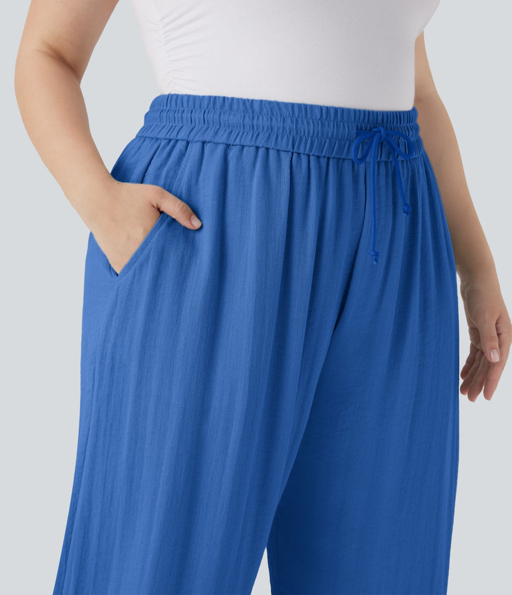 Pantalon décontracté grande taille large fluide taille haute effet lin avec cordon de serrage et poches