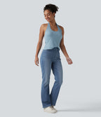 Halara Flex™ Jeans bootcut Casual Taille Haute Multiples Poches Lavés Élastiques et Tricotés Coupe