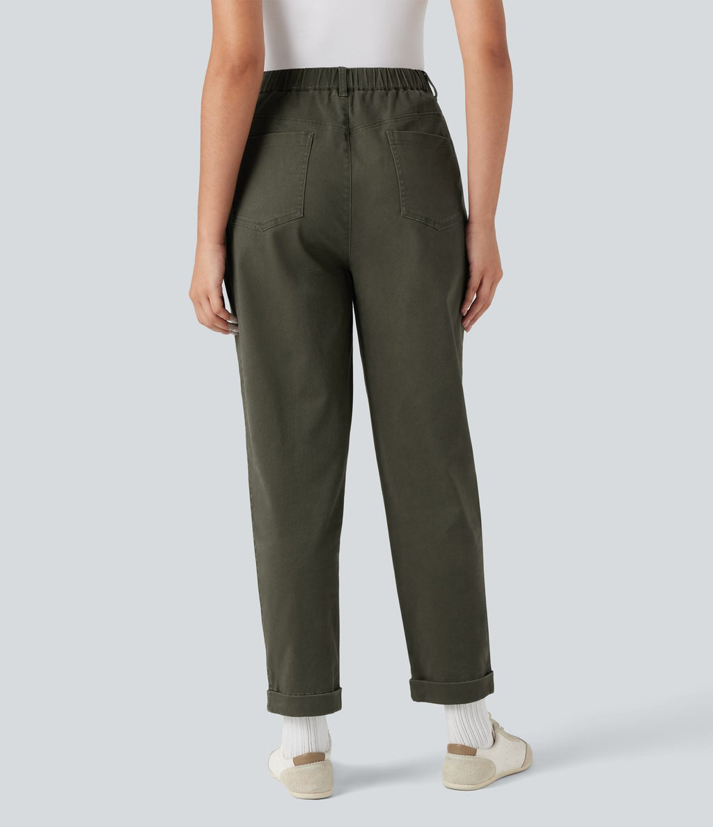 Pantalon chino coton fuselé taille haute avec poches