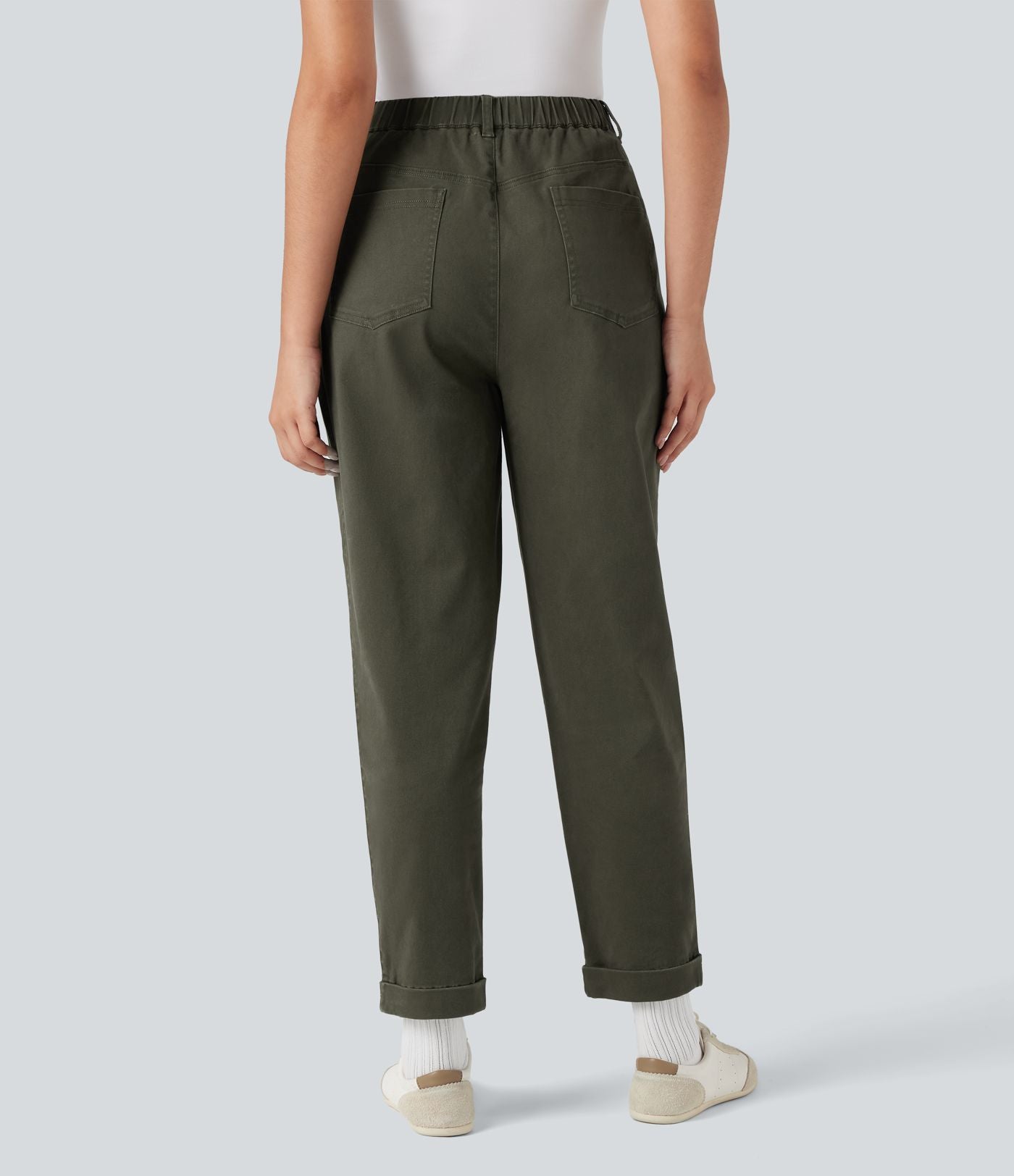 Pantalon chino coton fuselé taille haute avec poches