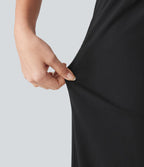 Pantalon large fluide 7/8 taille mi-haute en lin extensible avec poches