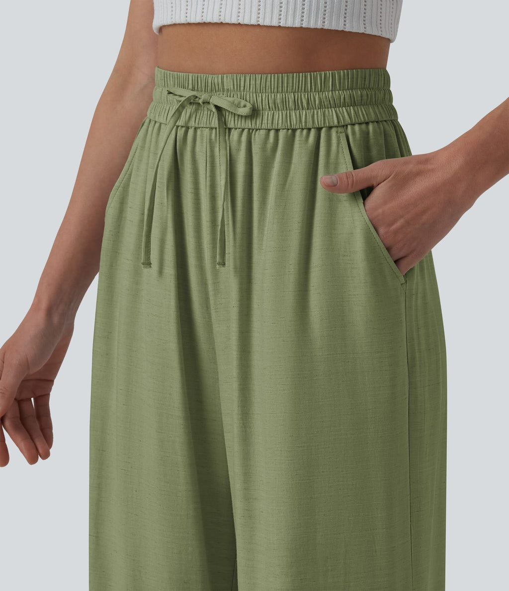 Pantalon casual large mélange lin taille haute avec cordon de serrage et poches