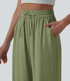 Pantalon casual large mélange lin taille haute avec cordon de serrage et poches