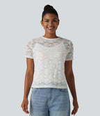 T-shirt casual 2-en-1 en dentelle col rond à manches courtes
