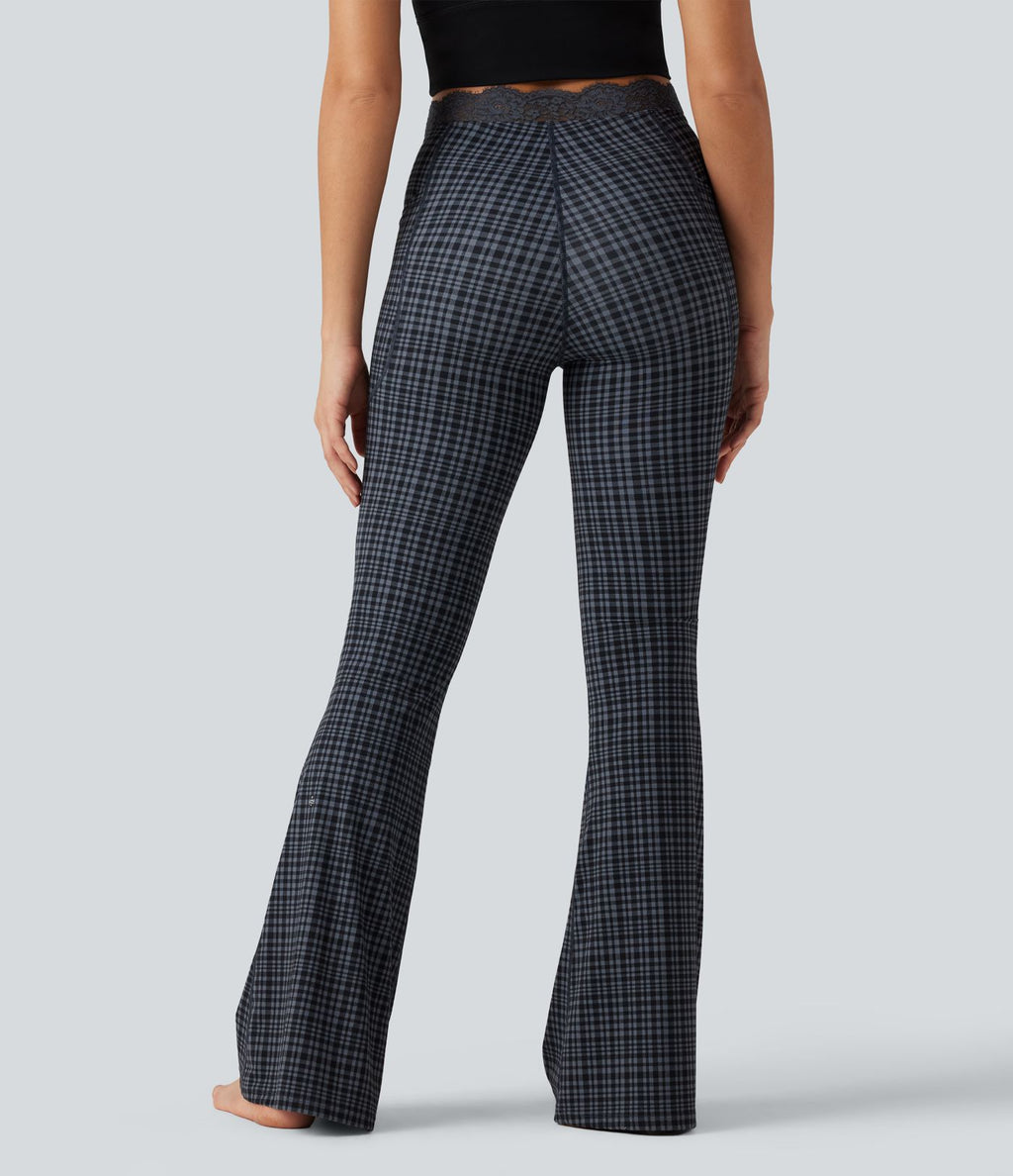 Legging yoga flare Halara UltraSculpt™ taille haute en V à motif tartan avec dentelle contrastée et poches