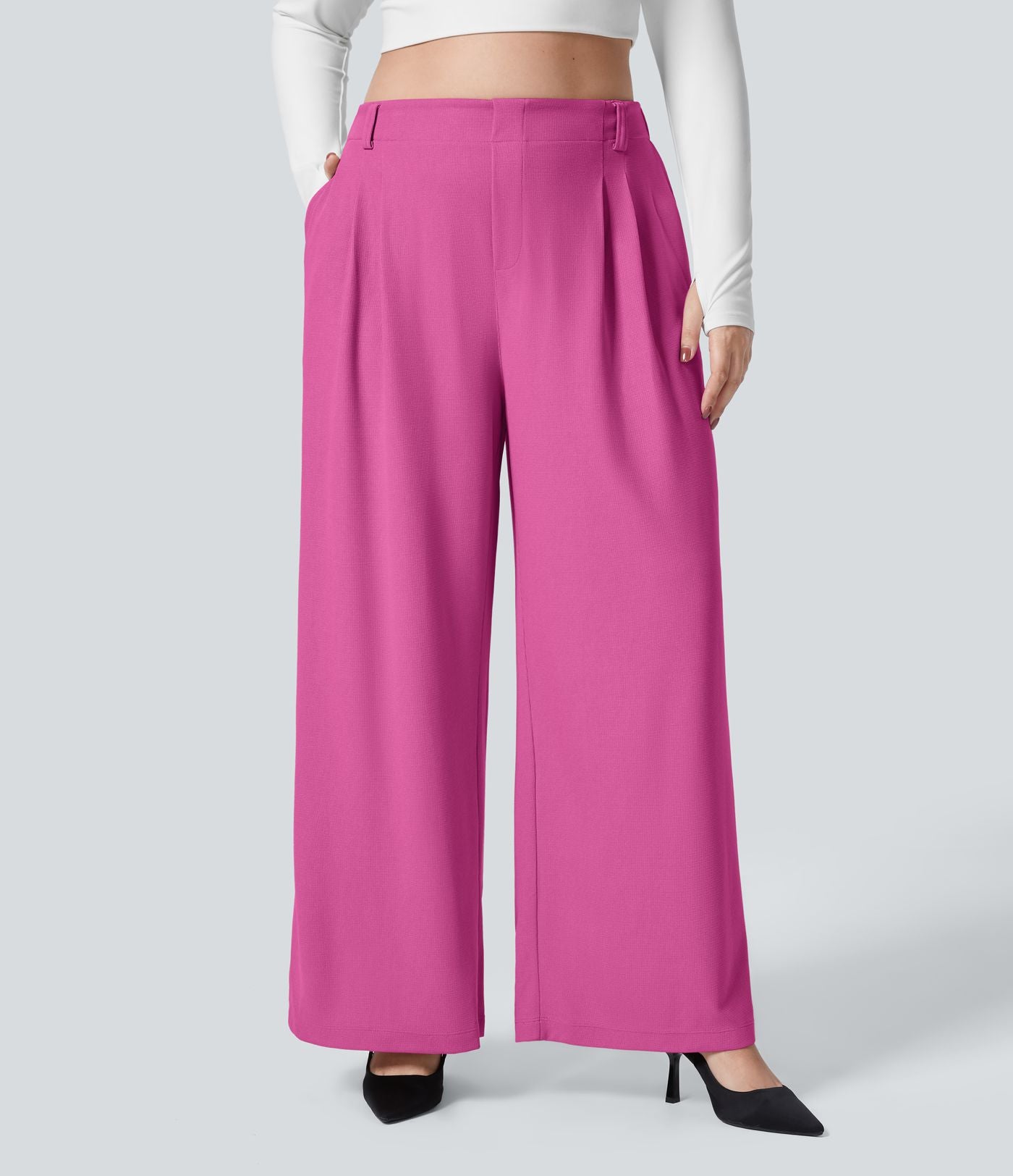 Halara Flex™ Pantalon tailleur Grande taille à Taille Haute, Poches Latérales Plissées, Jambes Larges, en Tissu Gaufré