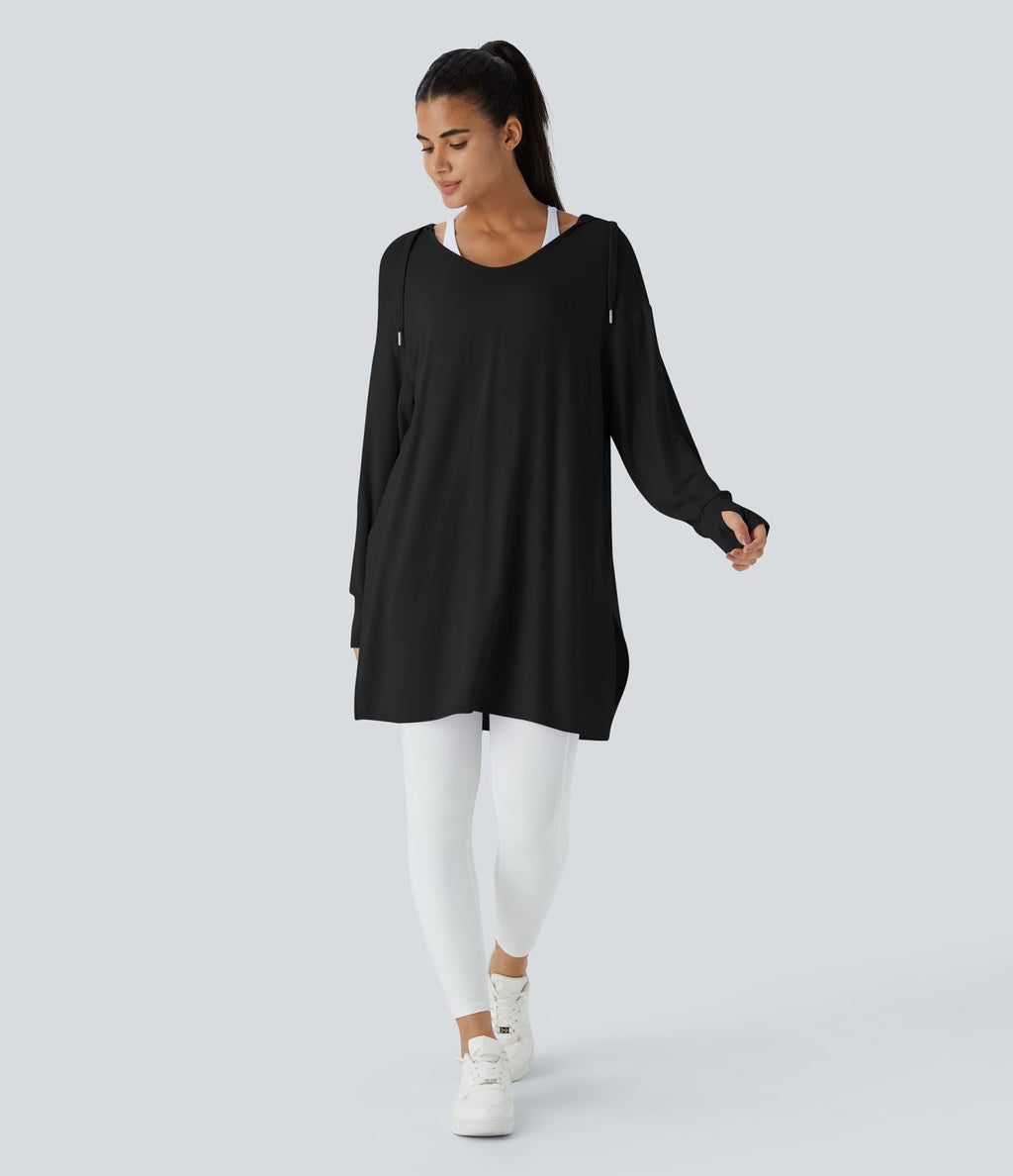 Sweatshirt Casual à Capuche Encolure en V Cordon de Serrage Trou pour le Pouce Fente et Coupe Longue