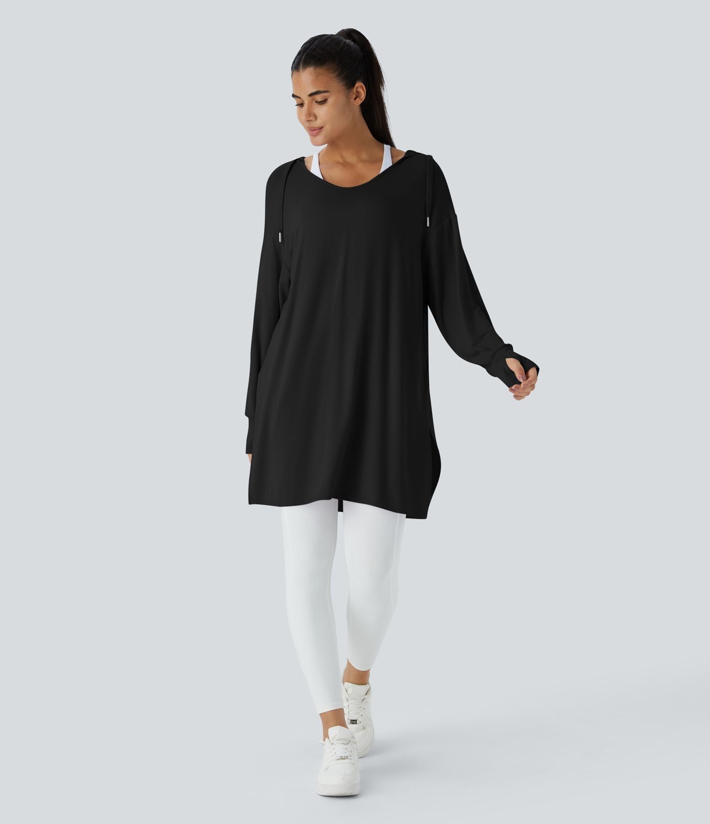 Sweatshirt Casual à Capuche Encolure en V Cordon de Serrage Trou pour le Pouce Fente et Coupe Longue