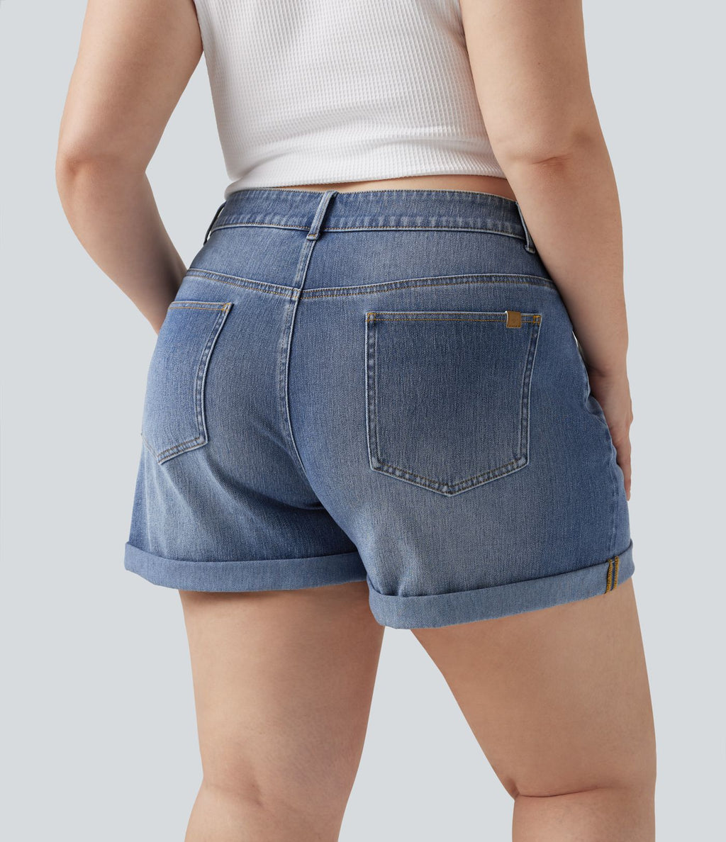 Short grande taille en jean Halara Flex™ délavé taille haute asymétrique avec ourlets retroussés et poches