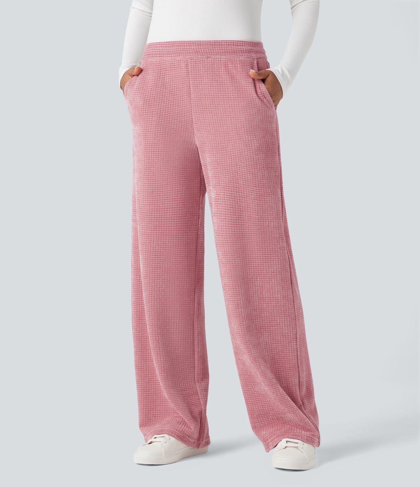 Pantalon chenille gaufré coupe droite taille mi-haute avec poches