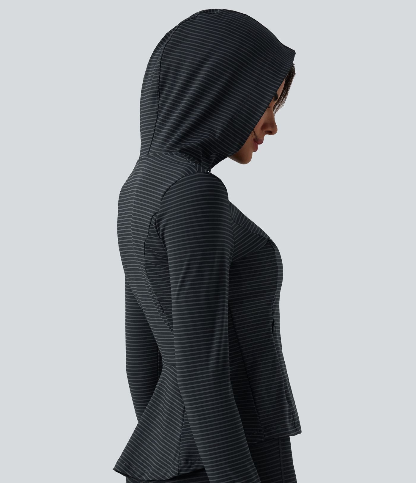 Veste de yoga à capuche manches longues avec trous pour pouces et rayures avec poches