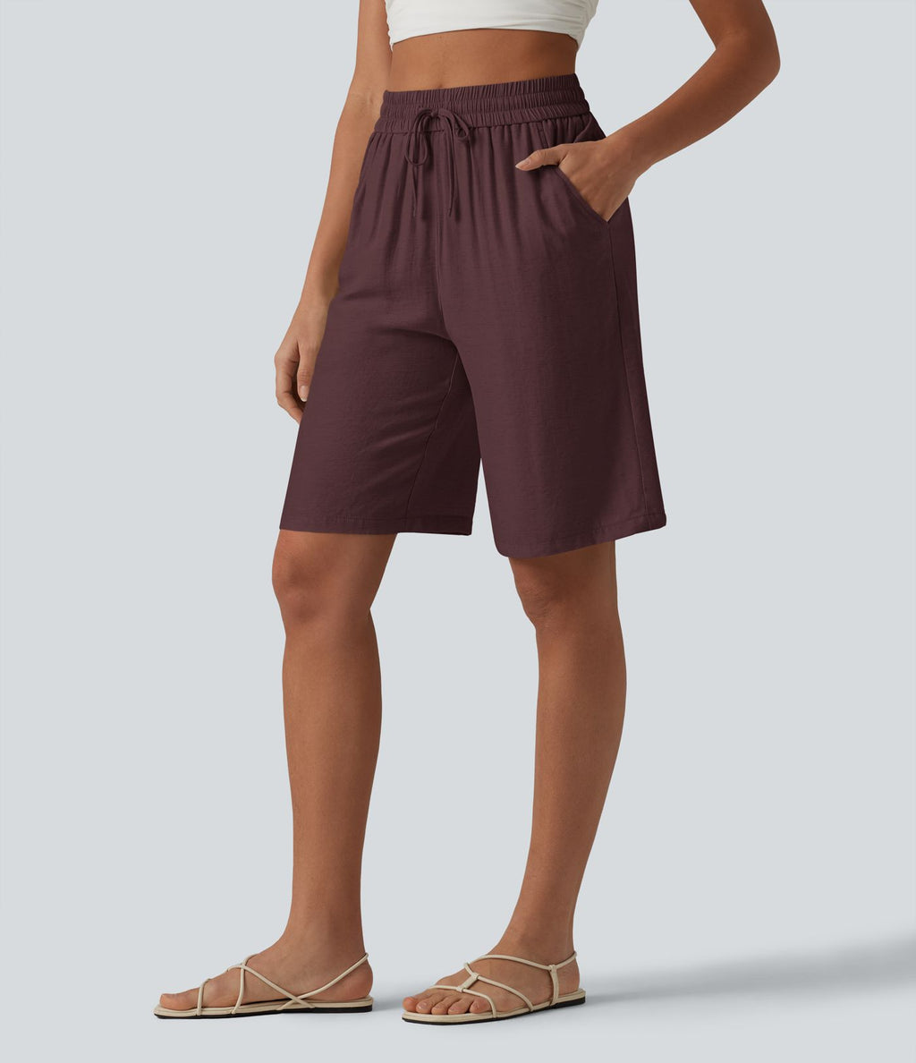 Short décontracté taille haute en lin mélangé avec cordon de serrage et poches, 25 cm