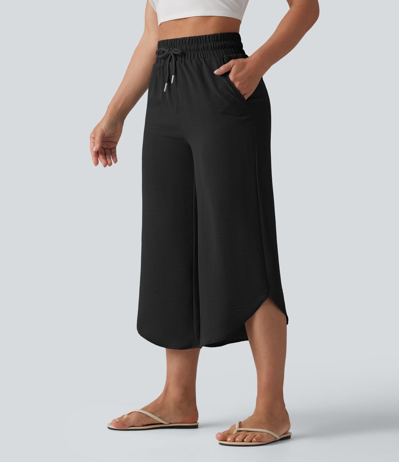 Pantalon casual 7/8 taille haute aspect lin à cordon de serrage et ourlet arrondi avec poches