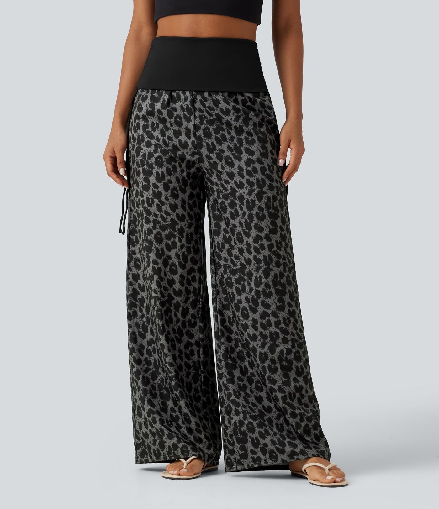 Pantalon baggy casual à imprimé léopard taille haute à revers avec fronces, cordon et poches