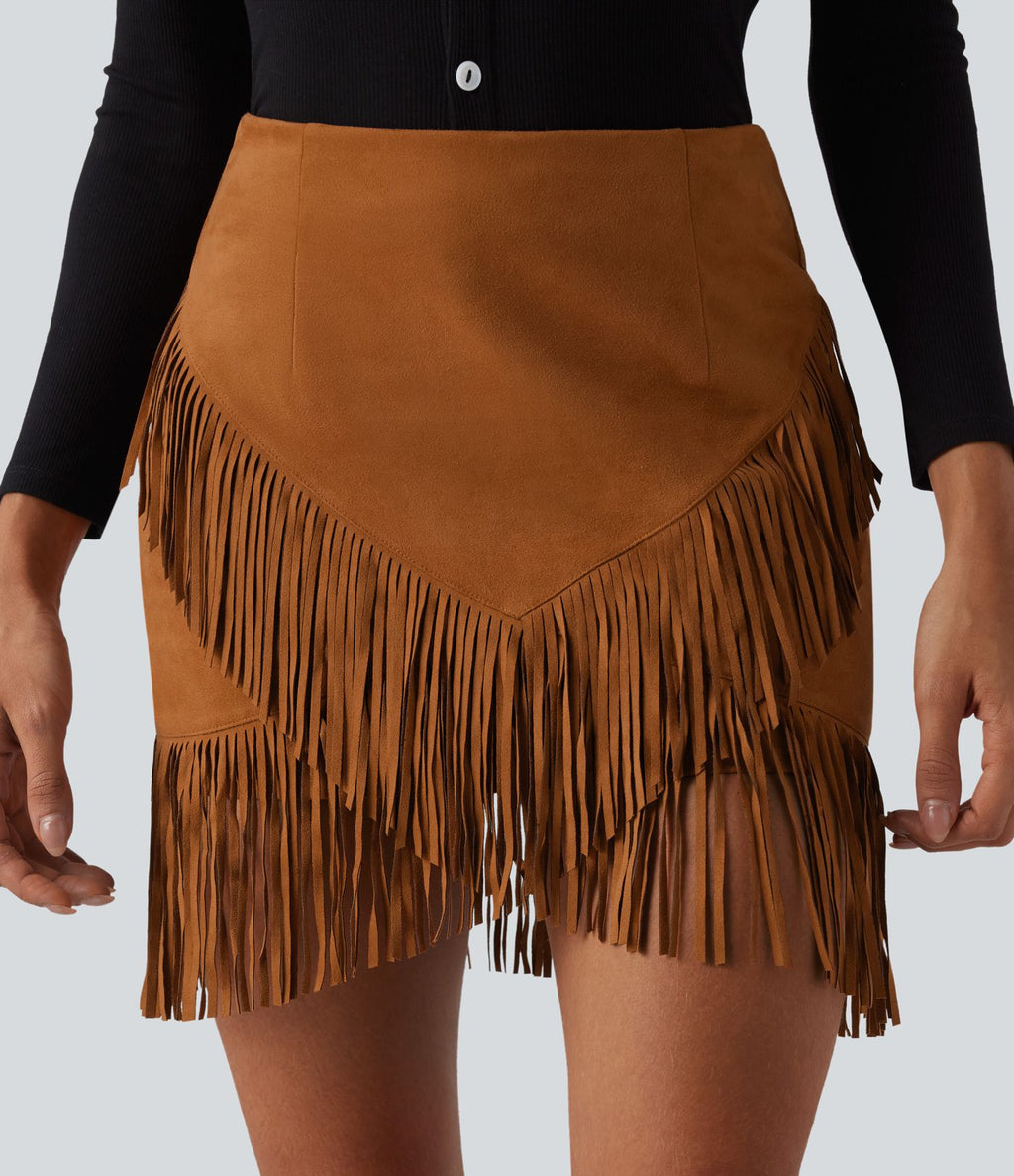 Jupe mini moulante décontractée 2-en-1 effet daim taille haute à franges