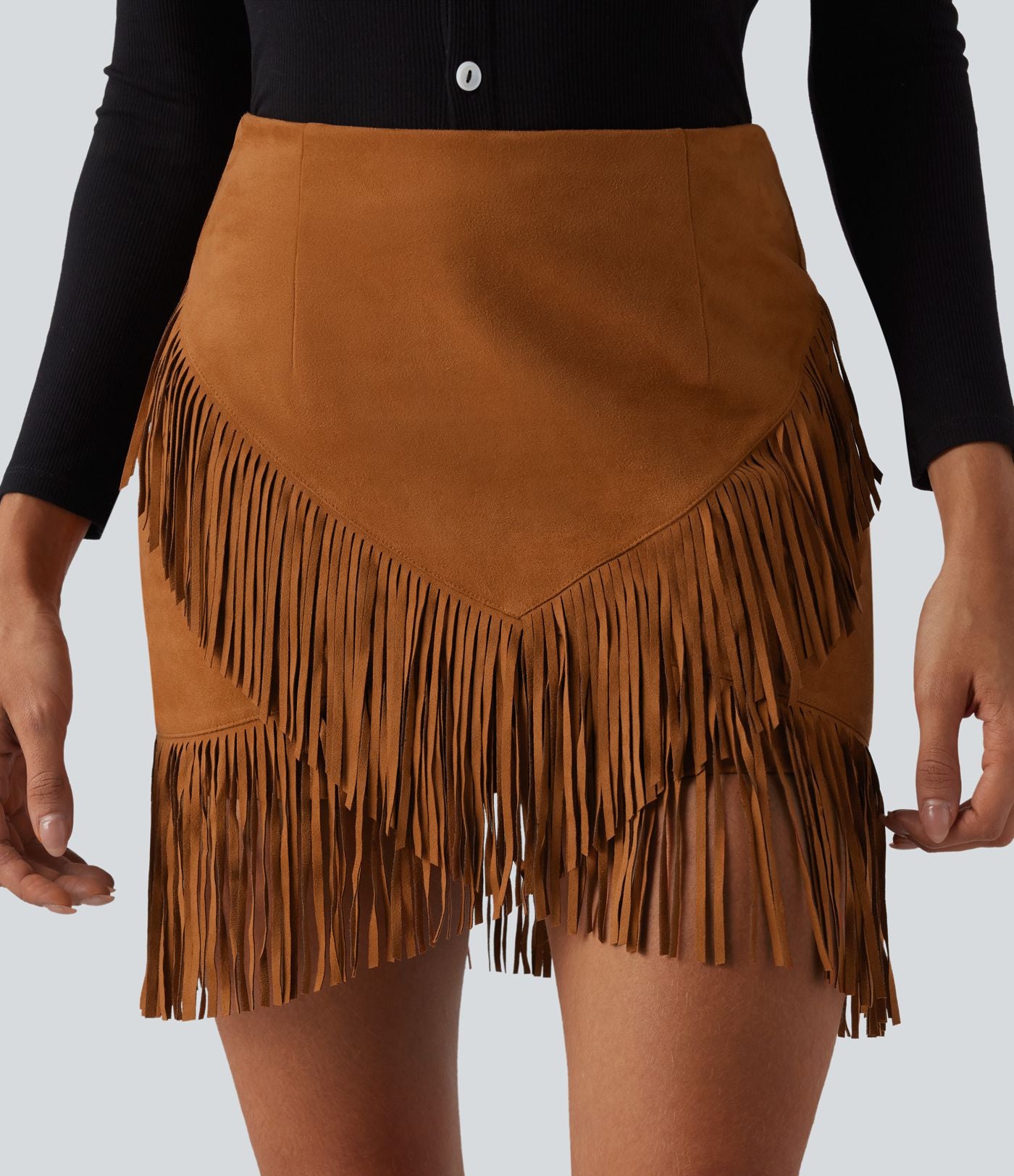 Jupe mini moulante décontractée 2-en-1 effet daim taille haute à franges
