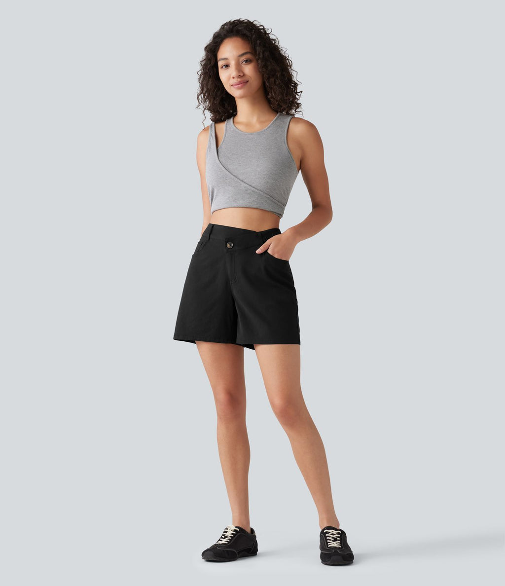 Short taille haute croisé décontracté en lin stretch 12,5 cm avec poches
