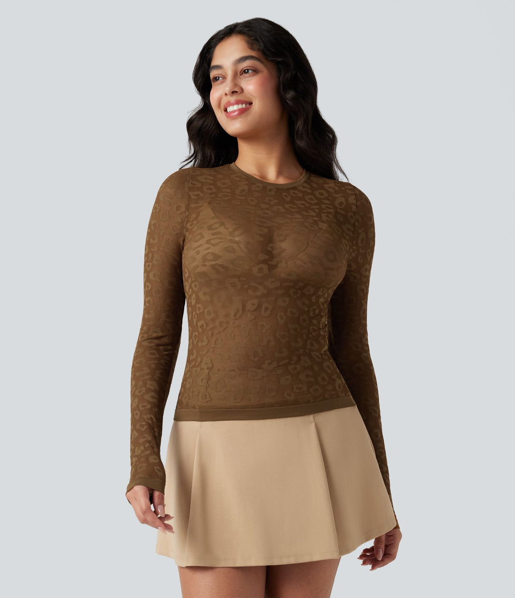 Haut de sport col rond imprimé léopard transparent à manches longues sans couture OneForm Seamless Flow