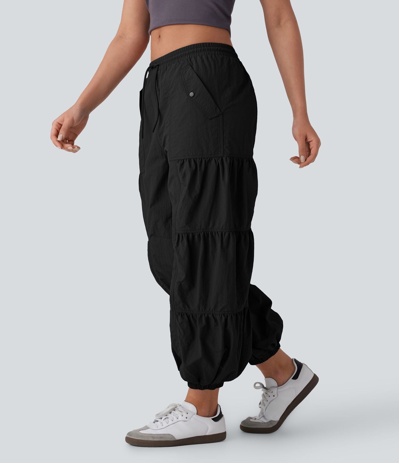 Jogging cargo décontracté parachute taille moyenne à cordon avec poches latérales et fronces