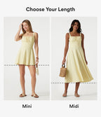 Robe mini fluide de vacances dos nu col carré sans manches froncée à bretelles croisées et brassière intégrée