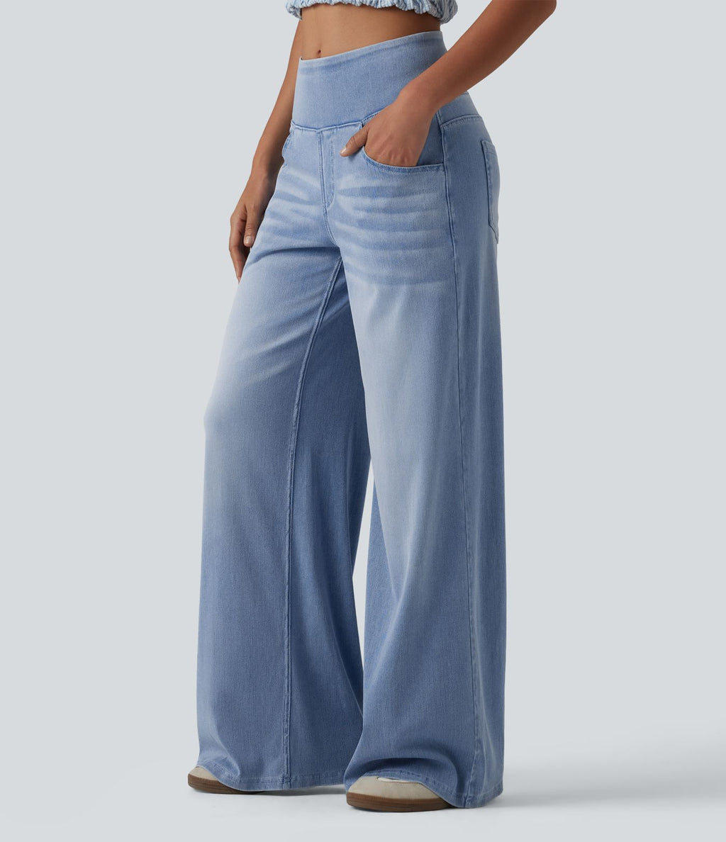 Halara Flex™ Jean large casual baggy taille mi-haute en lyocell drapé effet délavé, avec poches