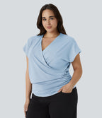 Blouse Travail Unie Froncée Croisée Manches Courtes Col en V Grande Taille