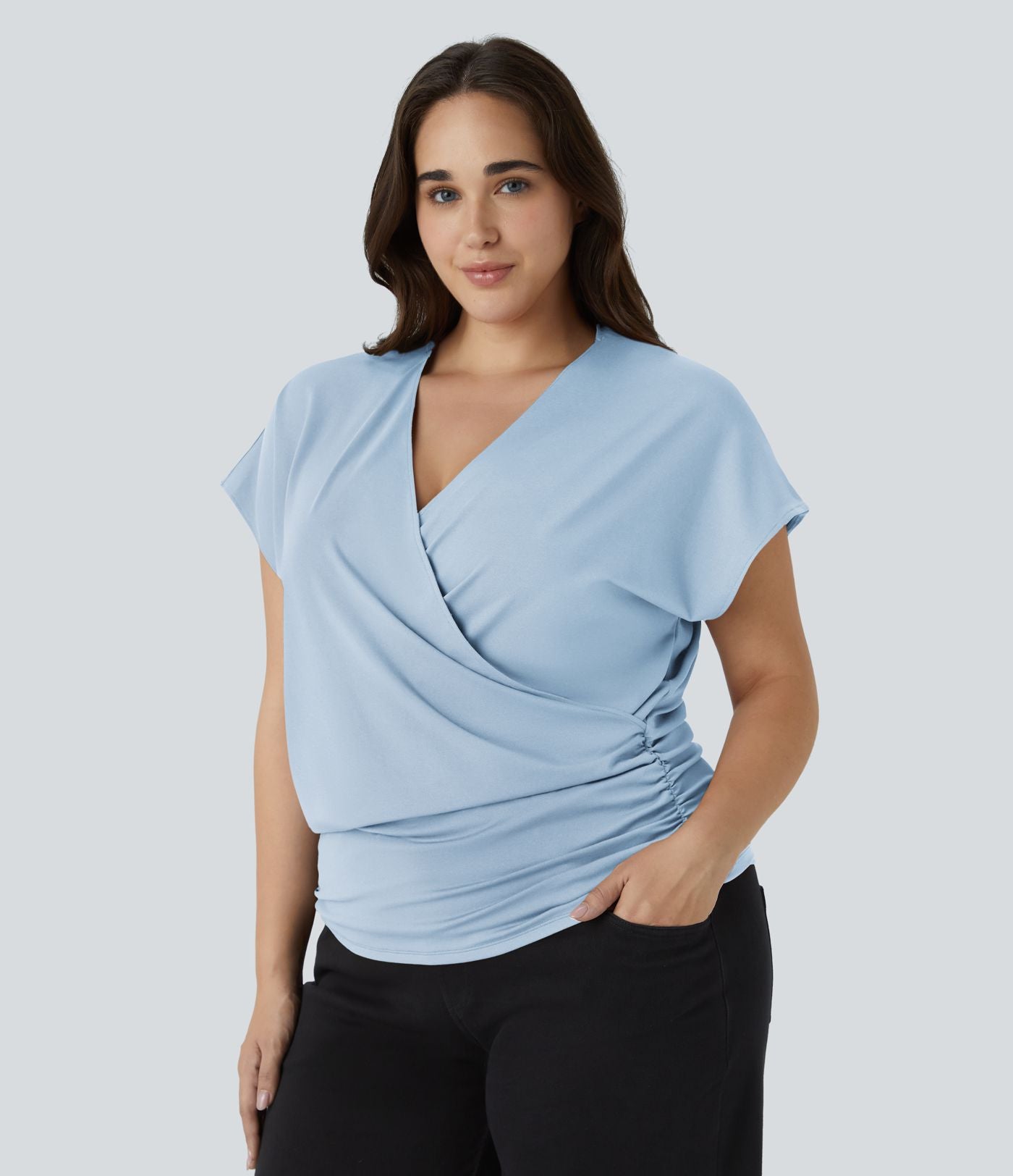 Blouse Travail Unie Froncée Croisée Manches Courtes Col en V Grande Taille