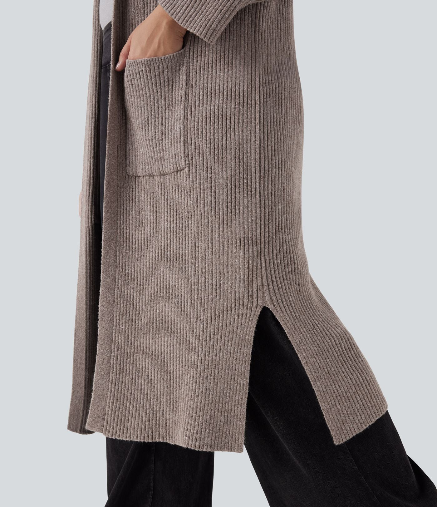 Cardigan long casual à capuche avec poches latérales et fentes grande taille manches longues