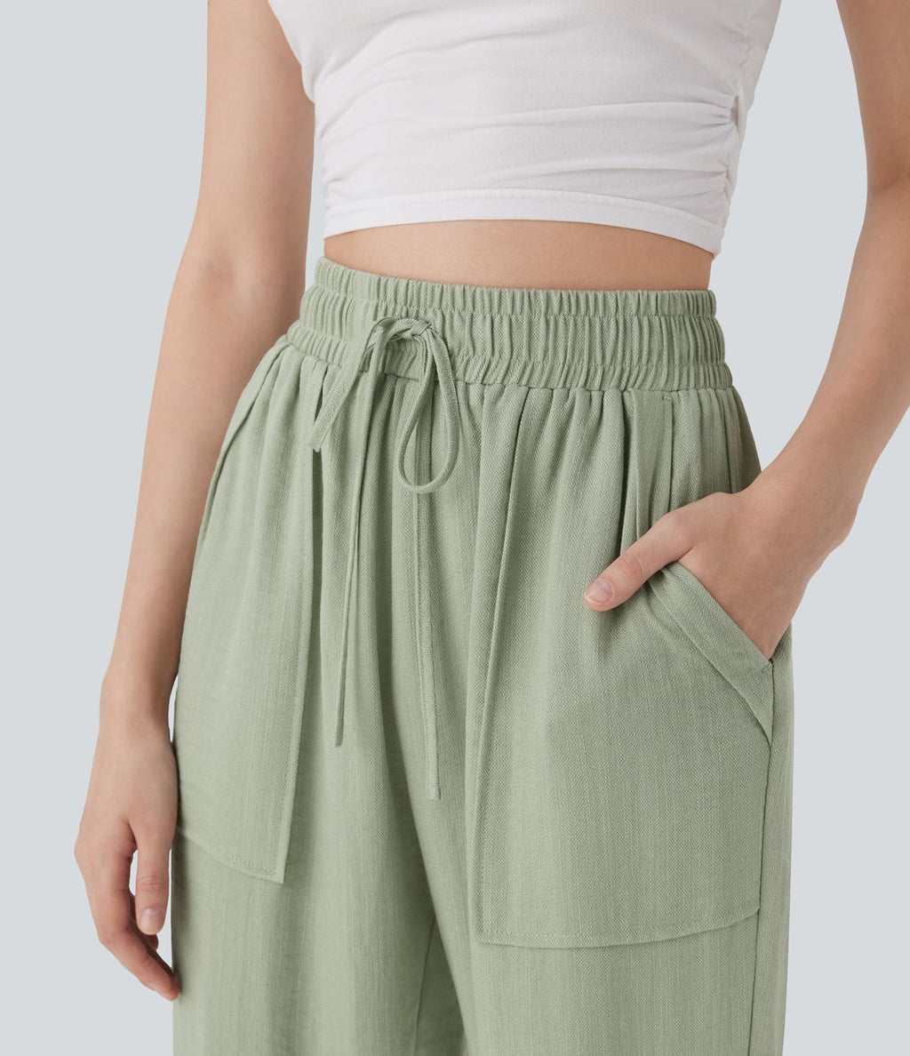Pantalon décontracté taille haute avec cordon de serrage et poches