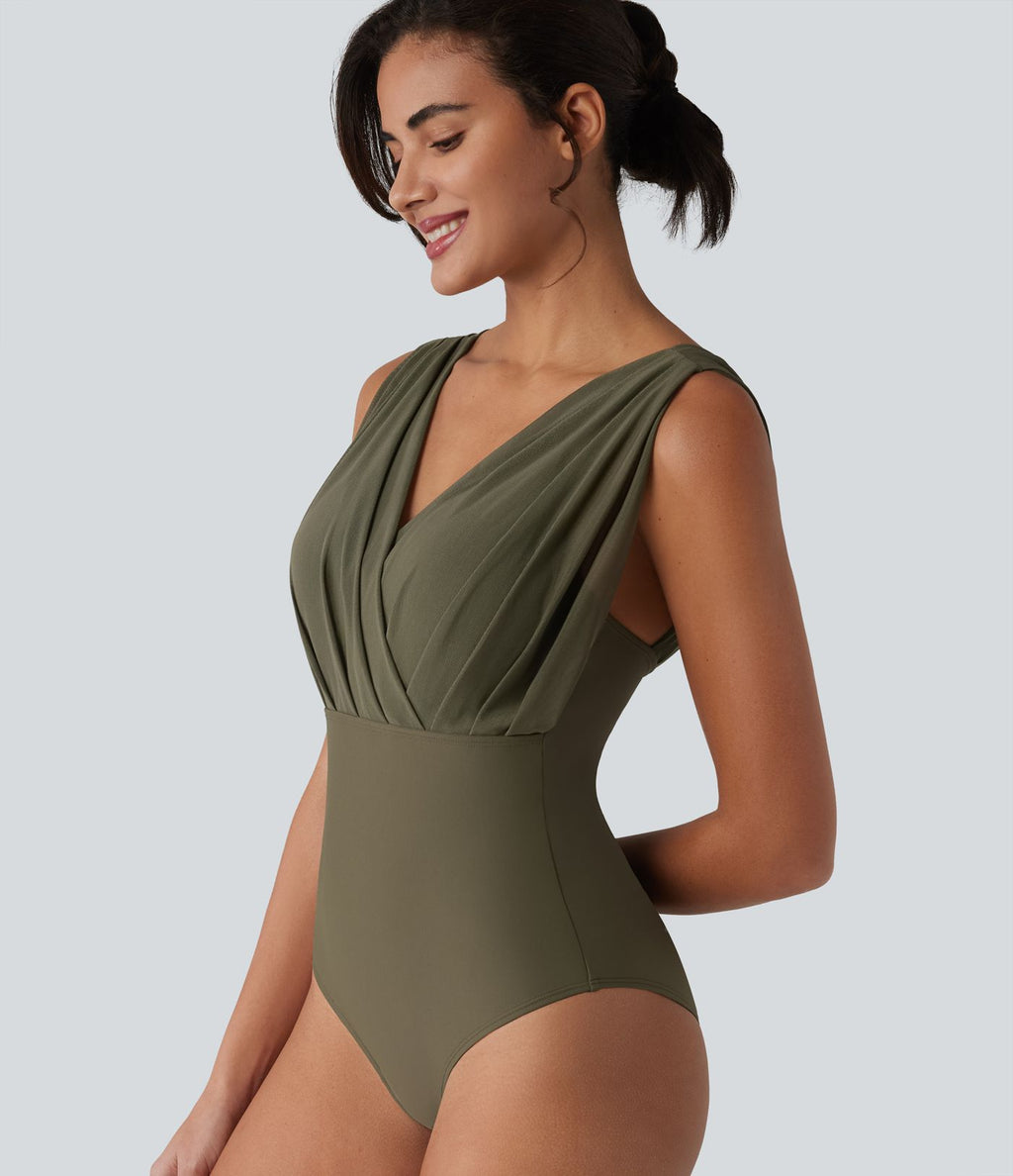 Maillot de bain une pièce col V sans manches ventre plat soutien-gorge intégré