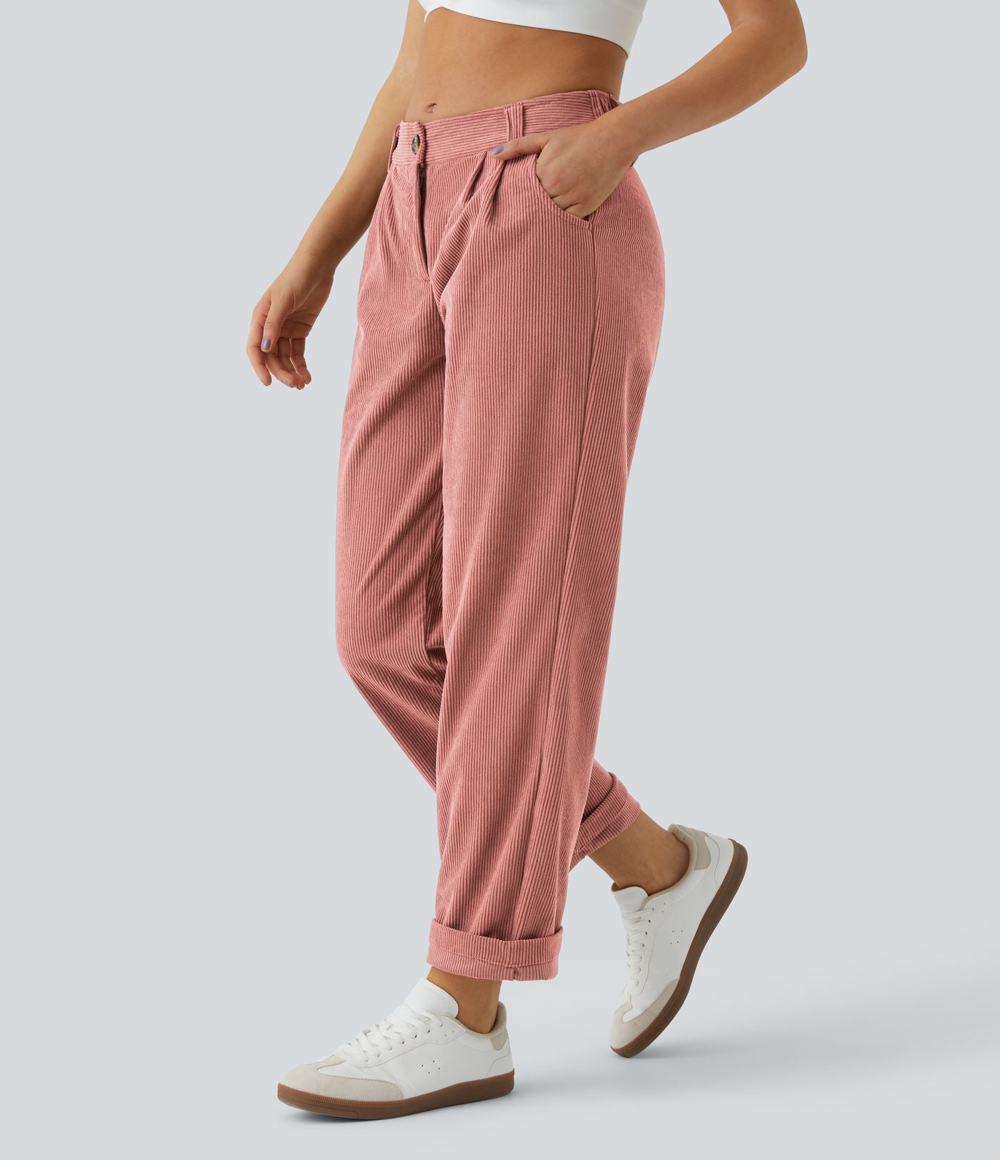Pantalon en velours côtelé décontracté taille moyenne avec poches latérales