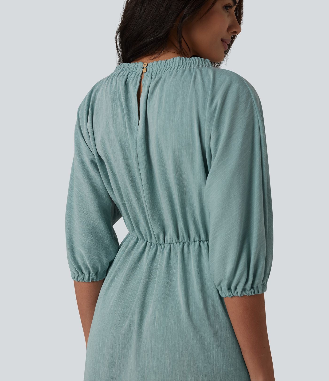 Robe midi casual col V à manches trois-quarts aspect lin, avec poches