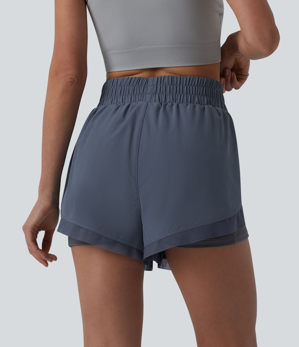 Short de running 2-en-1 taille haute mesh contrasté avec poches
