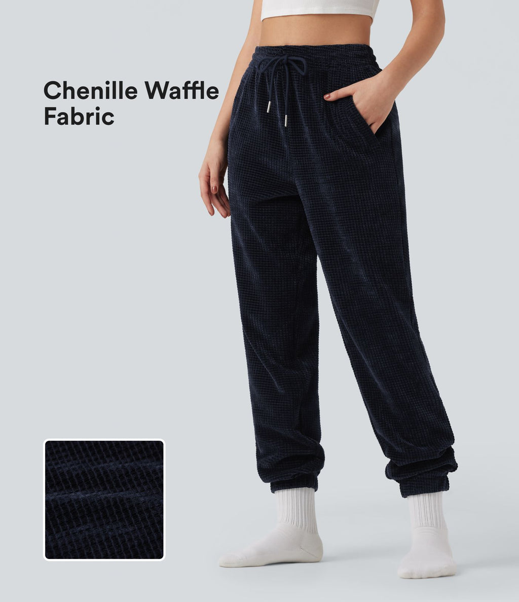Pantalon décontracté chenille gaufré taille haute avec cordon de serrage et poches