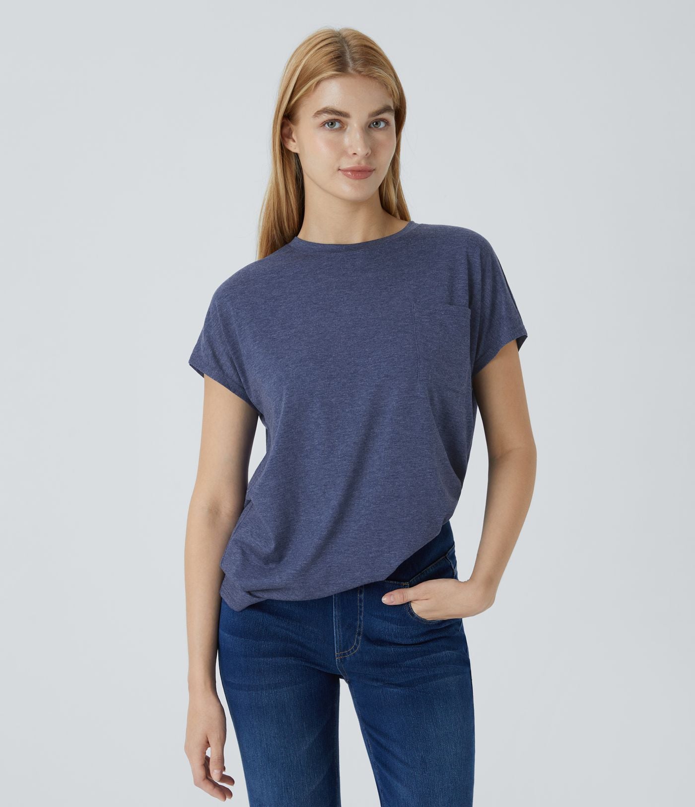 T-shirt Casual Relax à Col Rond Poche Poitrine Ourlet Fendu