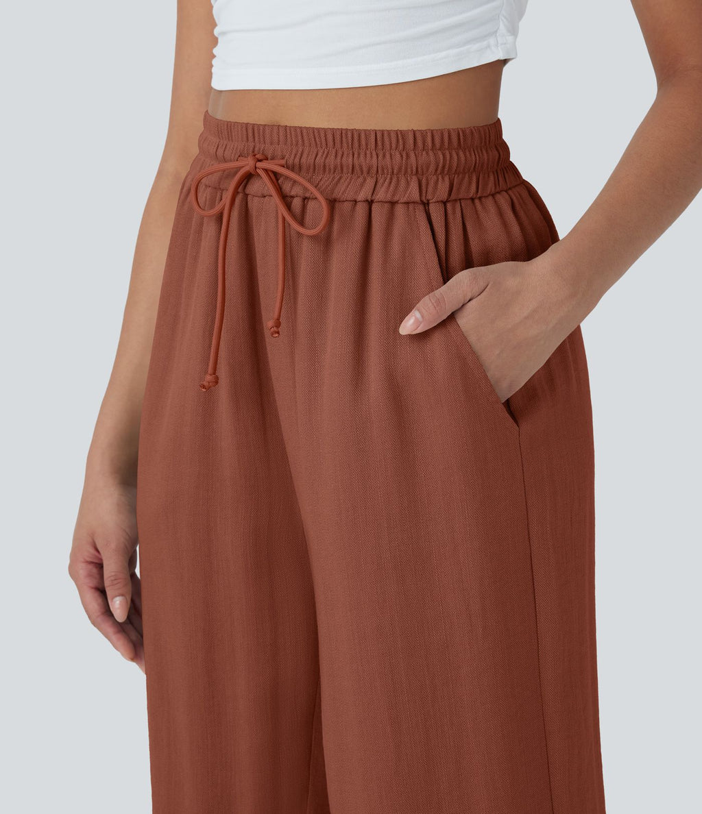 Pantalon décontracté aspect lin 7/8 à taille haute, jambe large avec cordon de serrage et poches latérales