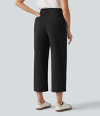 Pantalon large fluide court décontracté taille haute en lin stretch avec poches