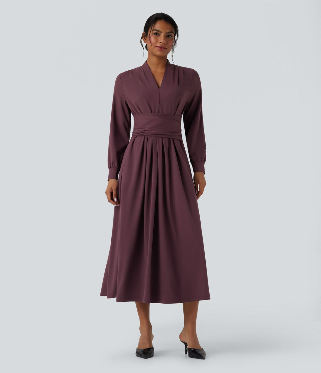 Robe de travail mi-longue col V manches longues liens dos avec poches