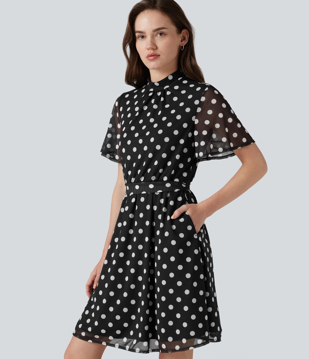 Robe décontractée col cheminée à pois en mesh avec manches à volants, ceinture et poches