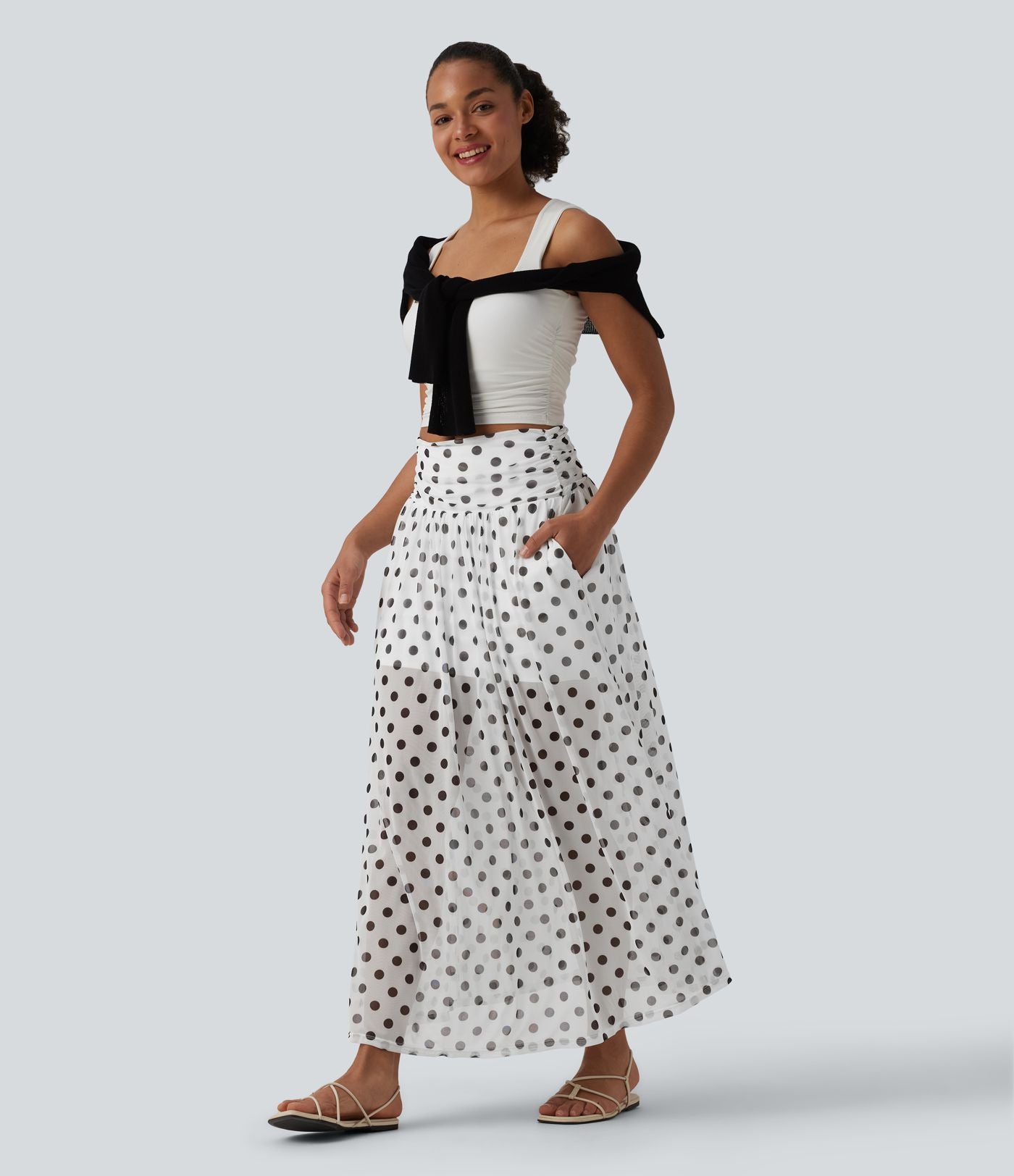 Jupe maxi fluide décontractée maille pois gainante taille haute avec poches