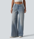 Halara Flex™ Jean large asymétrique taille basse avec bouton, fermeture éclair et poches multiples, délavé et extensible en maille