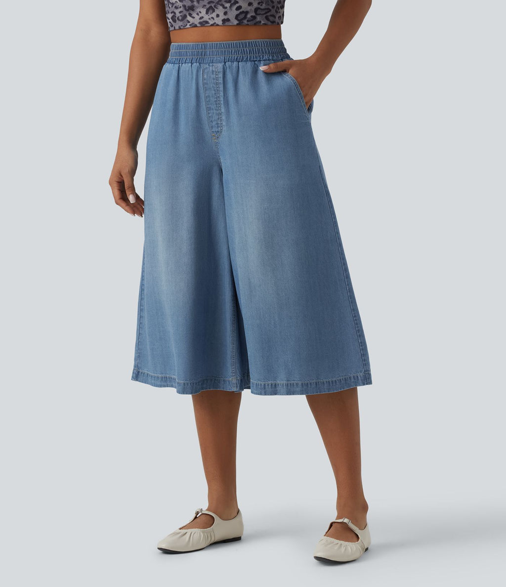 Jean large casual capri taille haute en lyocell avec poches