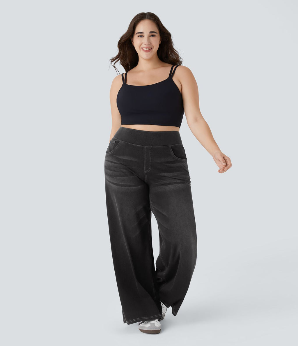 Halara Flex™ Jeans Larges Casual Taille Haute Multiples Poches Lavés Élastiques et Tricotés Grande Taille