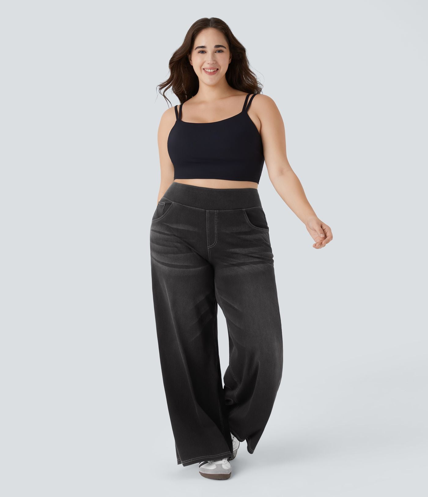 Halara Flex™ Jeans Larges Casual Taille Haute Multiples Poches Lavés Élastiques et Tricotés Grande Taille