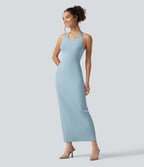 Robe midi moulante en maille côtelée à col halter