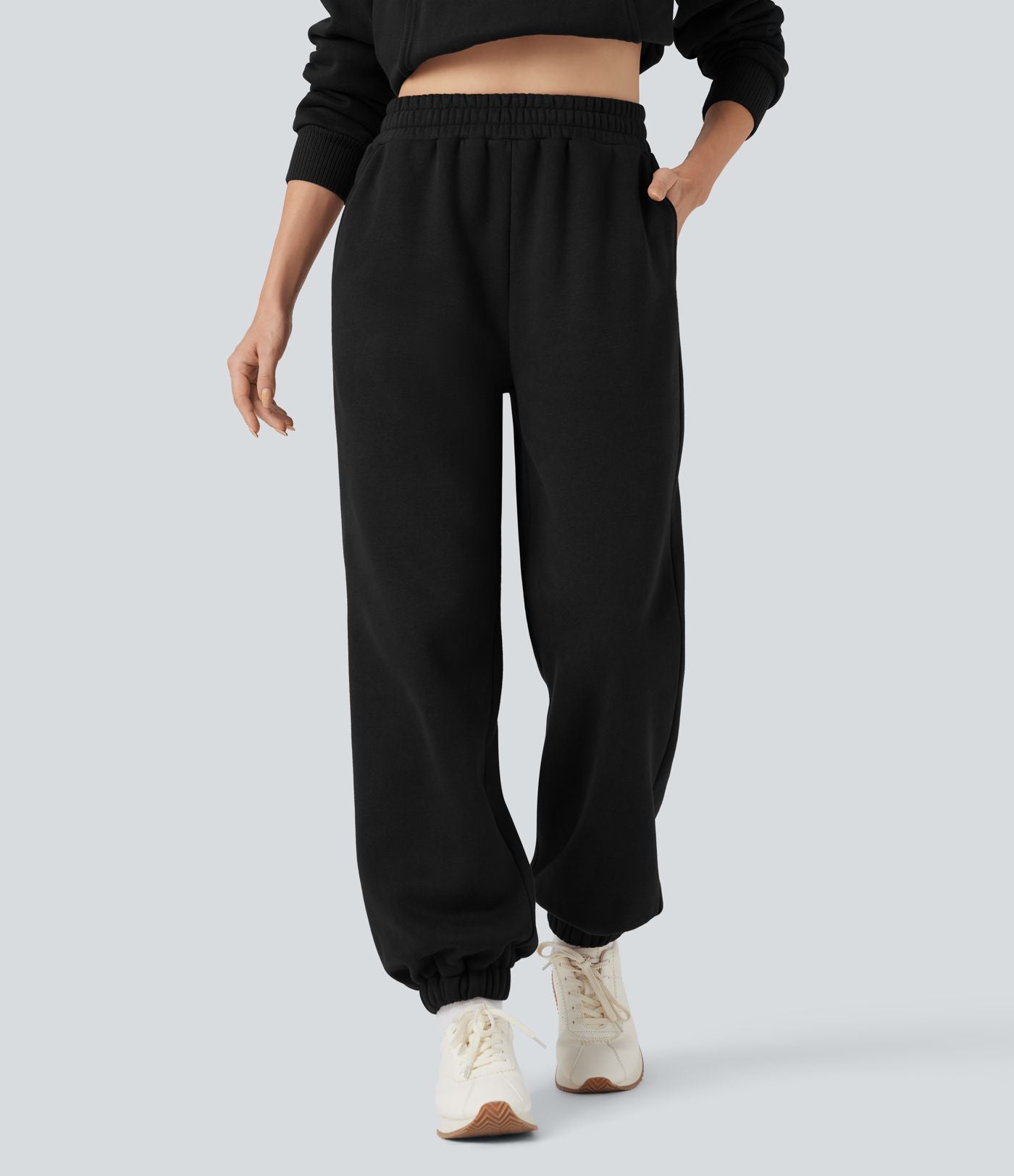 Jogging molleton taille haute repliable avec cordon de serrage et poches