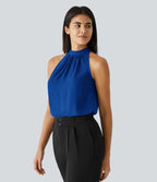 Blouse Travail Sans Manches Ourlet Courbé Col Haut Découpe au Dos Plis
