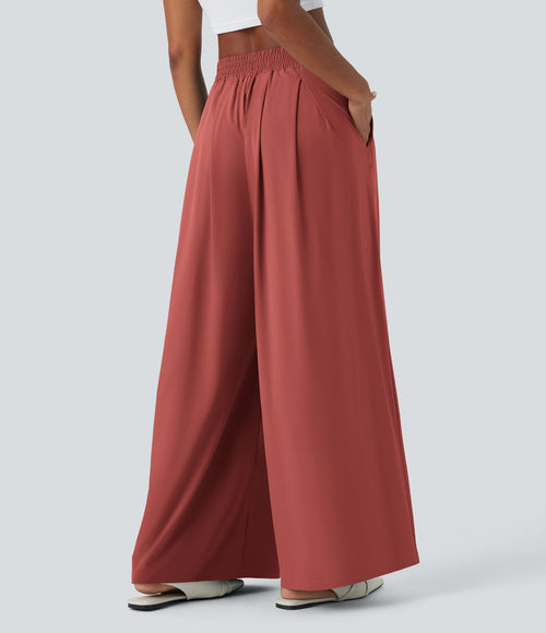 Breezeful™ Pantalon Large Fluide Taille Haute Plis Poches Latérales et Taille Élastique Séchage Rapide