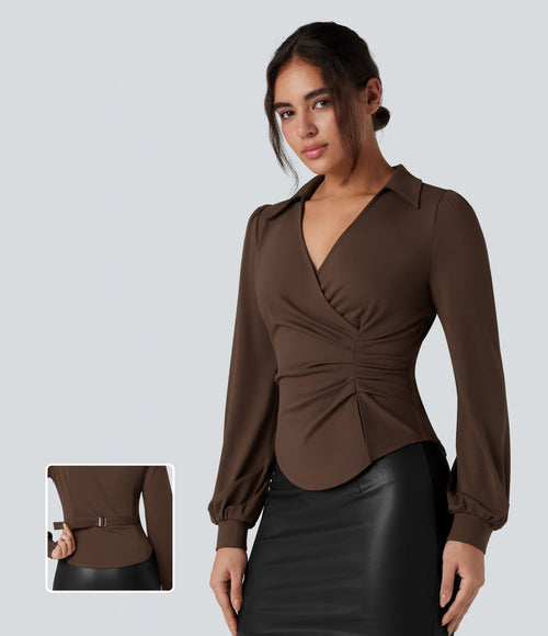 Chemise tailleur froncée asymétrique col V manches longues