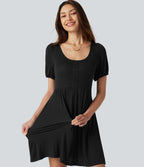 Robe décontractée mini col rond échancré manches courtes dos noué avec poches